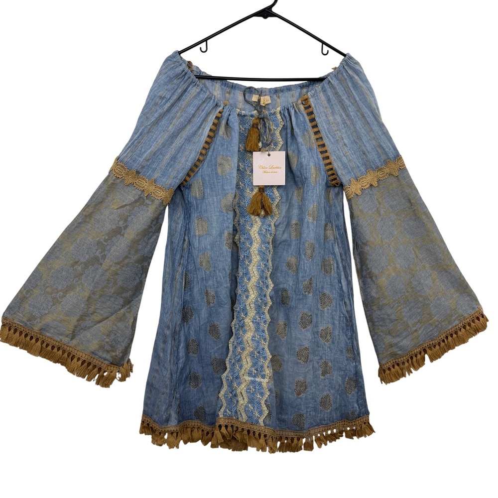 Chloe Laetitia Dress Womens S/M Blue Gold Metallic Floral Lace Tassel Boho *
